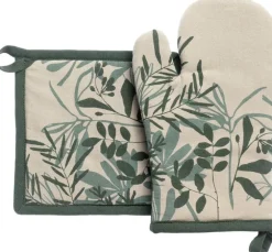 Lot gant et manique en coton motif végétal vert Majda - 18 x 28 cm