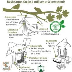 Mangeoire pour oiseaux en épicéa coloris vert eco-ressourcée suspendue Natures Market Miam - 19 x 20 x 20 cm