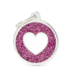 Médaille à graver pour chien coloris rose pailleté grand cercle avec un cœur blanc Myfamily Shine