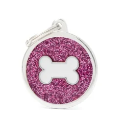 Médaille à graver pour chien coloris rose pailleté grand cercle avec un os blanc Myfamily Shine
