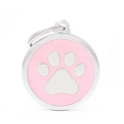 Médaille classic grand cercle patte rose pour chien en acier