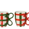 Mug en céramique blanche à carreaux verts et rouges et anse ruban Cadeau - Ø 9,3 x H 11,3 cm