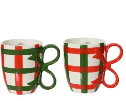 Mug en céramique blanche à carreaux verts et rouges et anse ruban Cadeau - Ø 9,3 x H 11,3 cm