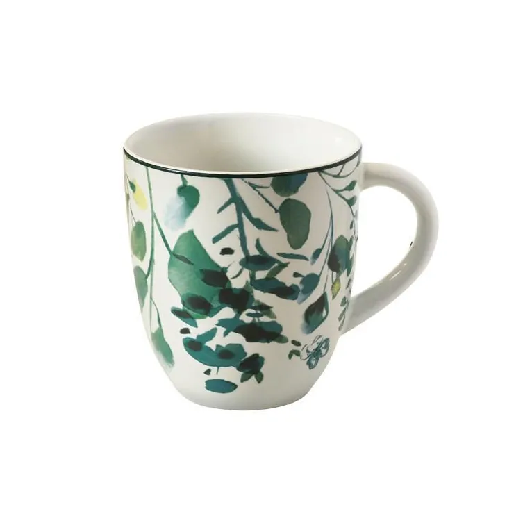 Mug en grès Oxalis coloris blanc motif floral vert - 32 cl