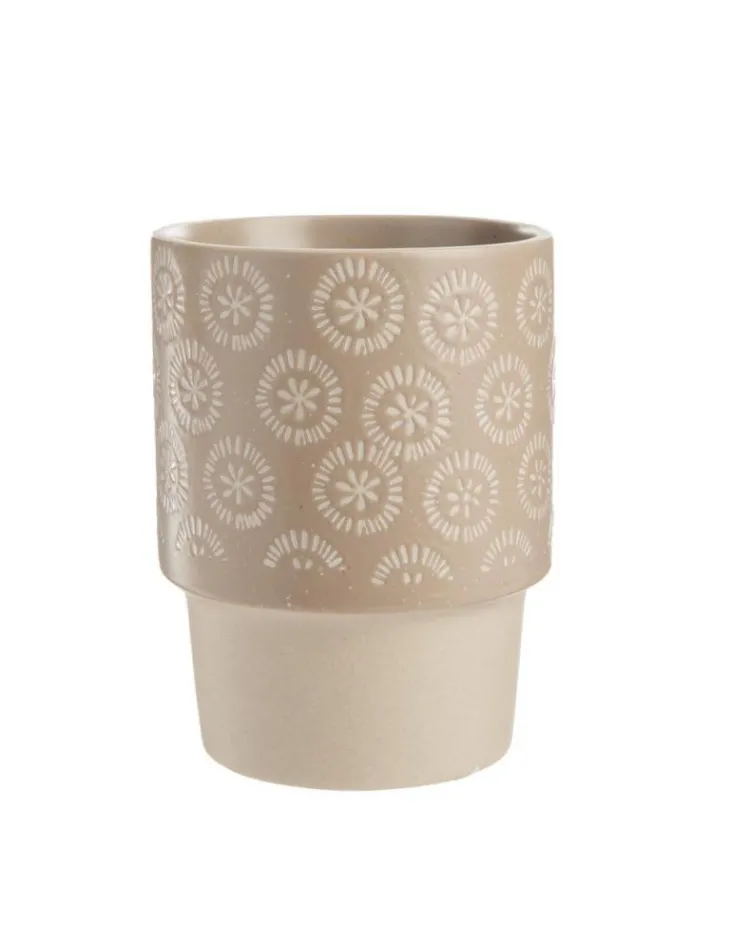 Mug rond en grès coloris marron et beige imprimé sérigraphie avec un motif rond et cercle – Ø 8,20 x 11 cm (produit vendu à l'unité, livré aléatoirement parmi deux modèles)