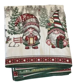 Nappe blanche en PE/coton à motifs verts et rouges Lutins - 140 x 300 cm