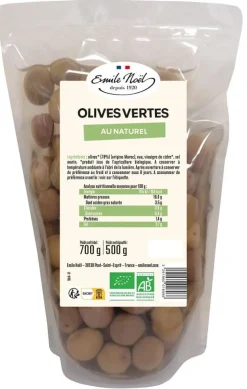 Olives vertes au naturel bio Emile Noel - 500 g