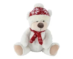 Ours en peluche blanc avec bonnet et écharpe tricotés rouges - 15 x 10 x 20 cm