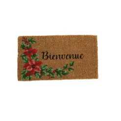 Paillasson en fibre de coco motif guirlande Poinsettia message bienvenue - 72 x 40 cm