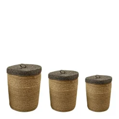 Panier avec couvercle coloris noir en jonc de mer - 26 x 26 x 36 cm