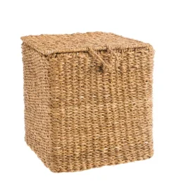 Panier lid en osier avec un couvercle coloris naturel – 34 x 34 x 34 cm (produit vendu à l'unité, disponible en plusieurs tailles)