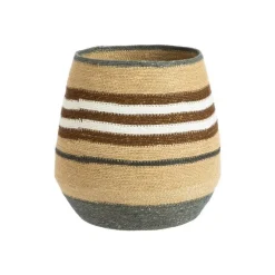 Panière ovale rayée en osier bleu, marron et blanc bleu - 34 x 34 x 35 cm