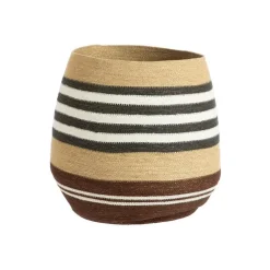 Panière ovale rayée en osier marron, blanc et bleu - 46 x 46 x 44 cm