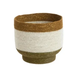 Panière ronde à base rétrécie en osier blanc bordé de marron - Ø 28 x H 25 cm