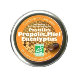 Pastilles au miel, propolis et eucalyptus bio en boite de 50 g