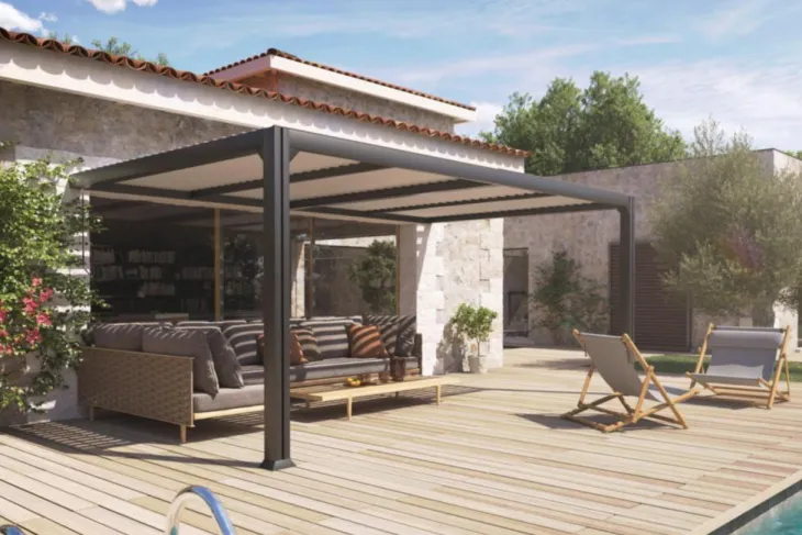 Pergola adossée bioclimatique anthracite Couleurs du Monde Charlotte - 3,5 x 5 x 2,4 m