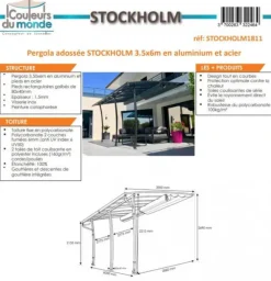 Pergola adossée polycarbonate, acier, aluminium COULEURS DU MONDE - modèle Stockholm - 3,5x6m