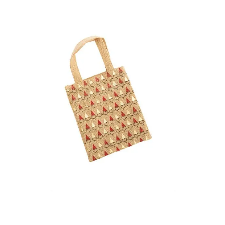 Petit sac en jute décor gnomes rouge, blanc et beige - 20 x 24 cm