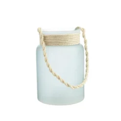 Photophore anse cordelette grand modèle coloris bleu en verre - 22 x 15 cm