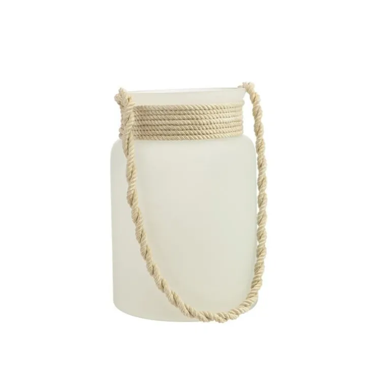 Photophore coloris blanc en verre et corde - 22 x 15 cm