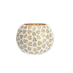 Photophore en verre blanc à mosaïque de feuilles or - Ø 15 x H 12 cm