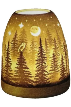 Photophore mini igloo en céramique blanche et socle bois motif foret et hibou - Ø 9 x H 11 cm