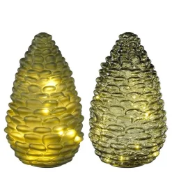 Photophore vert forme pomme de pin en verre avec 15 LED et minuteur - Ø 15 x H 25 cm