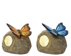 Pierre décorative avec papillon LED coloris blanc chaud - 7 x 9,5 x 9 cm