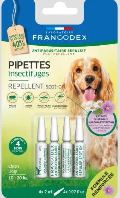 Pipettes antiparasitaires répulsives pour chien 10 à 20 kg Francodex - 4 x 2 ml