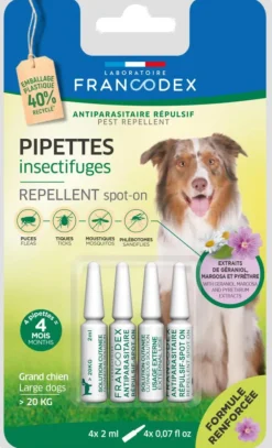 Pipettes antiparasitaires répulsives pour grand chien de plus de 20 kg Francodex - 4 x 2 ml