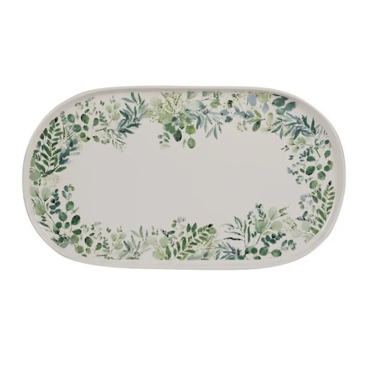 Plat de présentation coloris vert en céramique motifs feuillages Scandinavian Natura - 39 x 22 cm