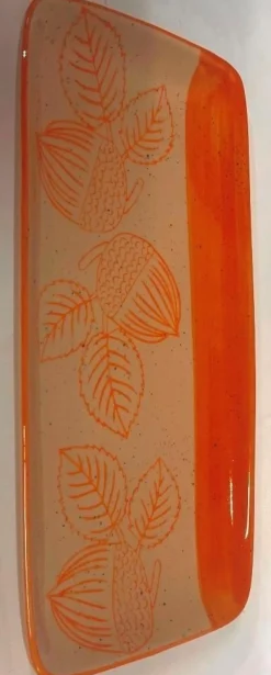 Plat rectangulaire en grès beige à motifs orange Hector