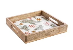 Plateau carré branche de sapin baies coloris vert en bois de manguier - 30 x 30 x 6 cm