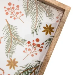 Plateau carré branche de sapin baies coloris vert en bois de manguier - 30 x 30 x 6 cm