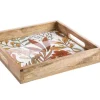 Plateau carré décor floral coloris marron en bois de manguier - 30 x 30 x 6 cm