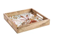 Plateau carré décor floral coloris marron en bois de manguier - 30 x 30 x 6 cm
