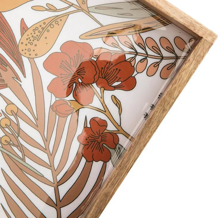 Plateau carré décor floral coloris marron en bois de manguier - 30 x 30 x 6 cm