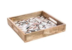 Plateau carré feuillage d'automne coloris blanc en bois de manguier - 30 x 30 x 6 cm