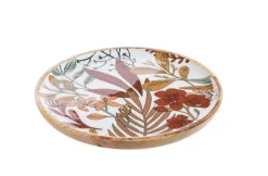 Plateau rond en bois de manguier marron avec décor émaillé floral multicolore – Ø 30 cm