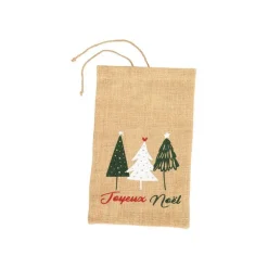 Pochette cadeau en jute décor sapins vert et blanc - 25 x 40 cm
