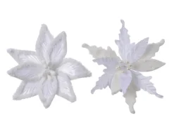 Poinsettia blanc sur clip en polyester et fausse fourrure - Ø 30 x H 4 cm