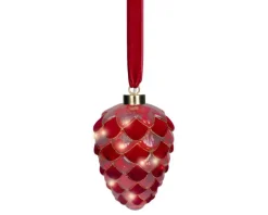 Pomme de pin en verre rouge à micro LED blanc chaud  - Ø 15 x H 21,5 cm