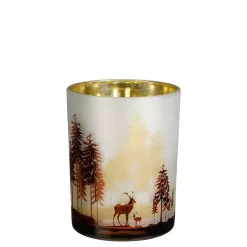 Porte bougie en verre or avec paysage de forêt et cerf - Ø 10 x H 12,5 cm