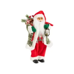 Père Noël à tartan vert et rouge avec hotte et lanterne - 46 cm