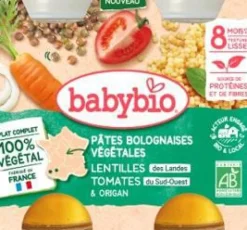 Pâtes bolognaises végétales carottes lentilles tomates Baby bio - 2 x 200 g
