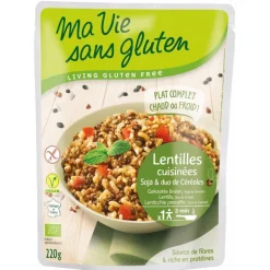 Repas de lentilles cuisinées et céréales bio en doypack de 220 g