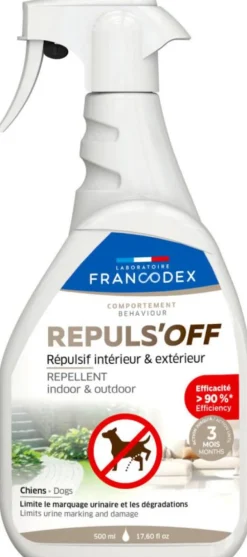 RŽpulsif d'intŽrieur et d'extŽrieur pour chien marquages urinaires et dŽgradations Francodex Repuls'Off - 500 ml