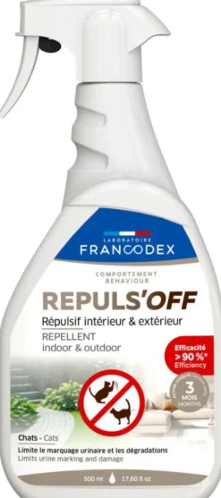 RŽpulsif d'intŽrieur et d'extŽrieur pour chat marquages urinaires et dŽgradations Francodex Repuls'Off - 500 ml