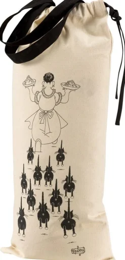 Sac à pain en coton beige motif chat Dubout à table - 27 x 59 cm