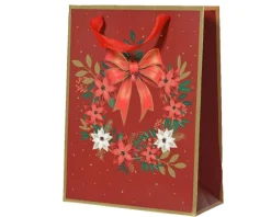 Sac cadeau en papier métallisé rouge décor couronne et nœud moyen modèle - 10 x 26 x 32 cm